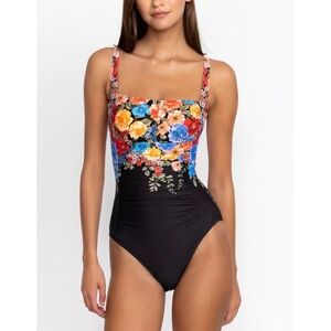 Johnny Was ruched Floral Black one-piece Swimsuit NWOT